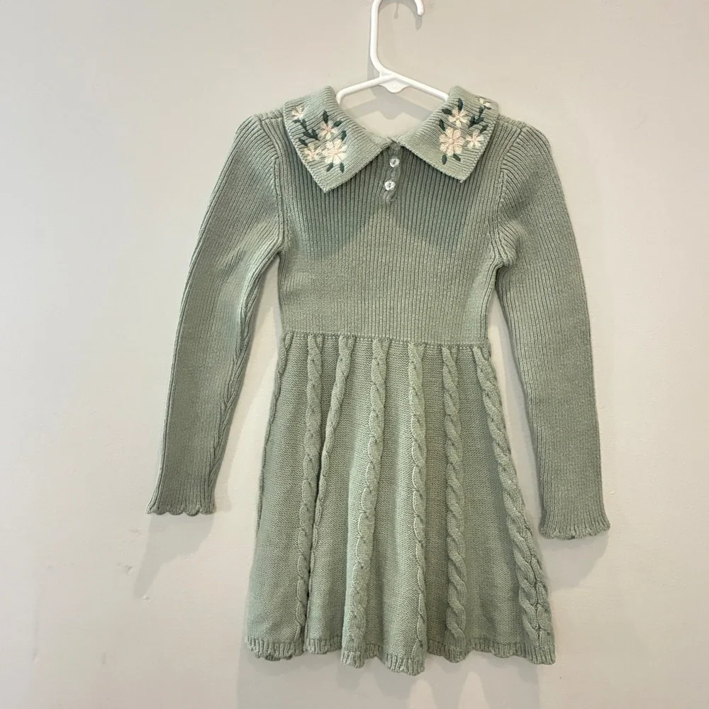 Cupcakes & Cashmere Girls XS‎ 4 Mint Green Cable Knit Sweater Dress Embroidered